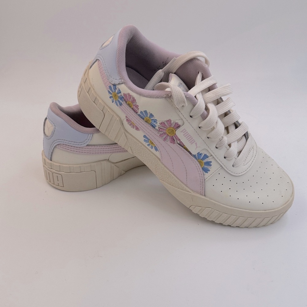 Puma Cali Embroidered Kids Cream and Purple Floral Sneakers